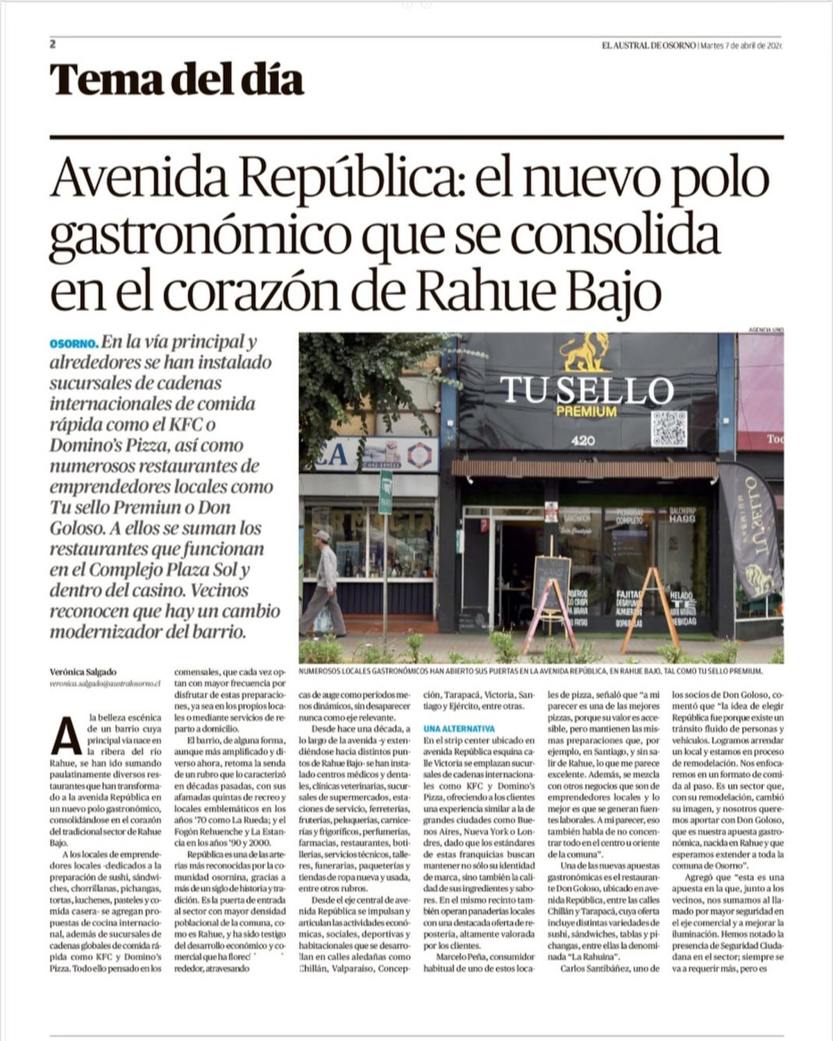 Recorte de prensa que menciona a Tú Sello Premium en el nuevo polo gastronómico de Rahue Bajo